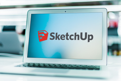 Vue d'un ordinateur affichant l'icône du logiciel SketchUp