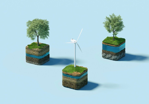infographie de cube de terre avec des arbres et éoliennes