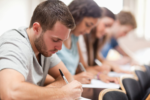 Vue d'un groupe concentré sur leur examen